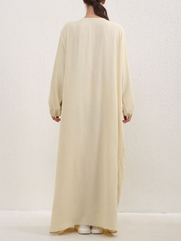 Pleated Solid Color Split-Joint Long Sleeves Loose Round-Neck Maxi Dresses