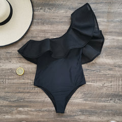 One Shoulder Ruffle Solid Black One Piece Swimsuit