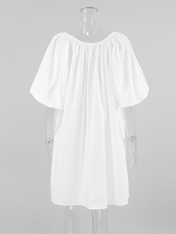 Lace-Up Pleated See-Through Solid Color Loose Puff Sleeves V-Neck Sleep Dress Mini Dresses