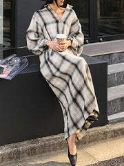 Plaid Split-Joint Tied Waist Long Sleeves Loose Lapel Shirt Dress Maxi Dresses