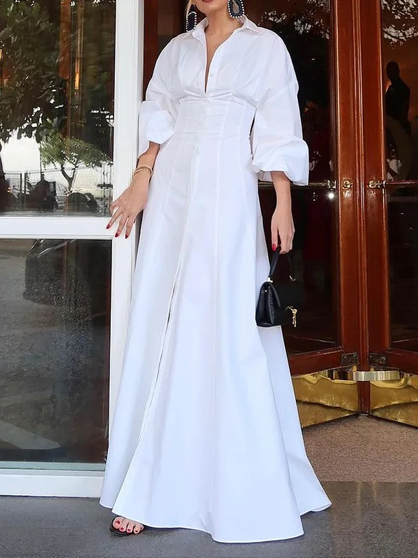 Buttoned Solid Color High Waisted Long Sleeves Lapel Maxi Dresses