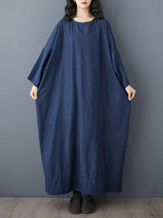 Solid Color Long Sleeves Loose Round-neck Midi Dresses