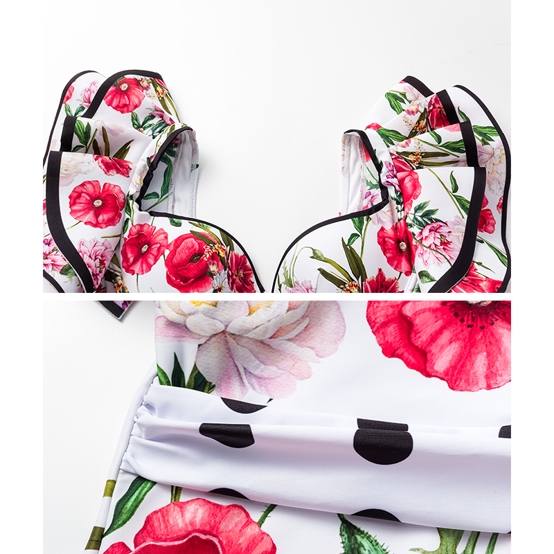Plus Size Ruffle Rose Print Swimsuit and Skirt Flaxmaker