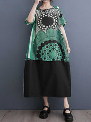 Flower Print Pockets Split-Joint A-Line Loose Round-Neck Midi Dresses