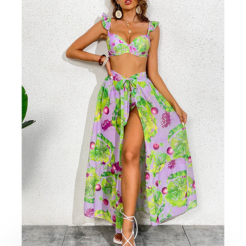 Mini Ruffled Printed Bikini Swimsuit and Skirt Flaxmaker