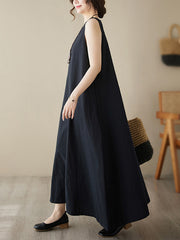 Solid Color Loose Sleeveless Round-Neck Midi Dresses