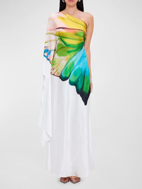Asymmetric Flower Print Long Sleeves Loose One-shoulder Maxi Dresses