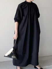 Pleated Split-Joint Zipper Loose Puff Sleeves Stand Collar Shirt Dress Maxi Dresses