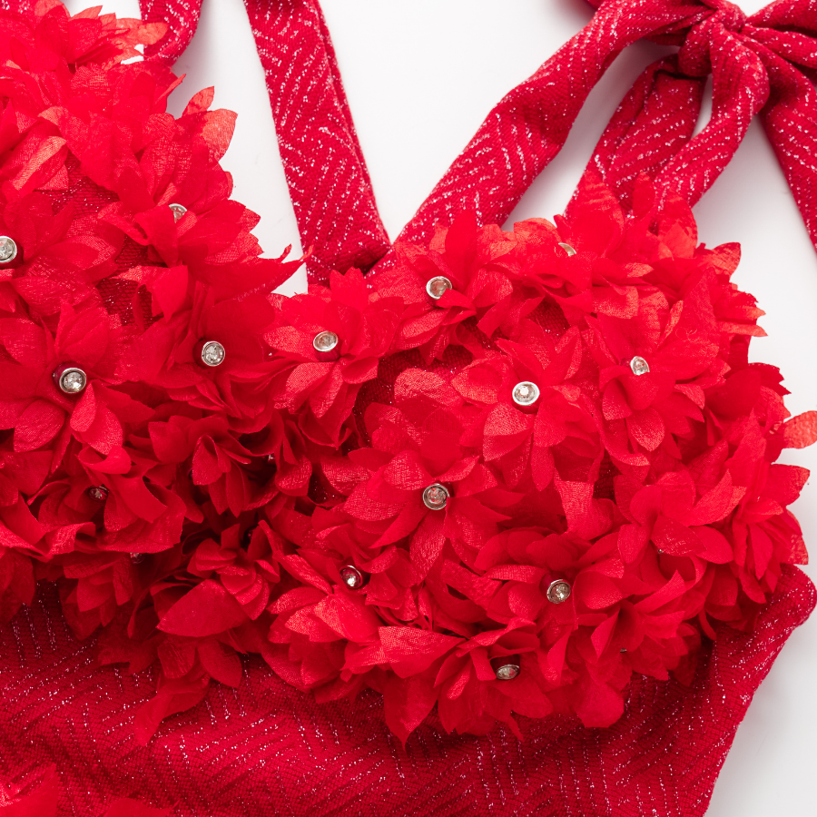 Pure Red Color 3D Flower Texture Fabric One Piece Swimsuit and Skirt (Shipped on Jan 14th)