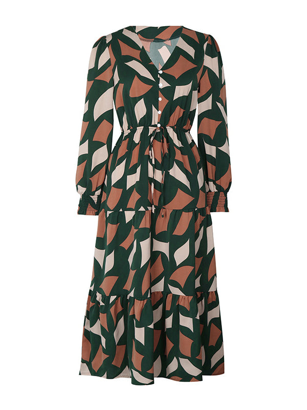 Buttoned Elasticity Pleated Printed Split-Joint Tied Waist A-Line Long Sleeves V-Neck Midi Dresses