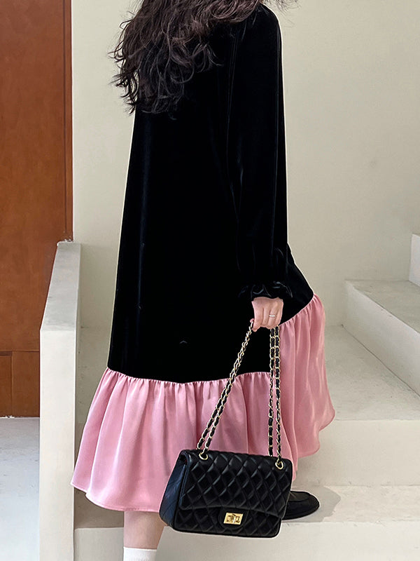 Contrast Color Pleated Ruffled Split-Joint Velvet Flared Sleeves Long Sleeves Round-Neck Midi Dresses