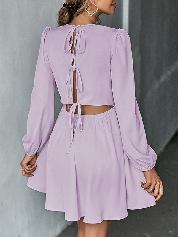 Backless Elasticity Hollow Pleated Solid Color Tied A-Line Bishop Sleeve Round-Neck Mini Dresses