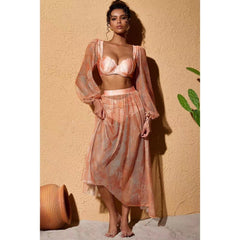 Long Sleeve Shell Print Bikini Swimsuit and Skirt Flaxmaker
