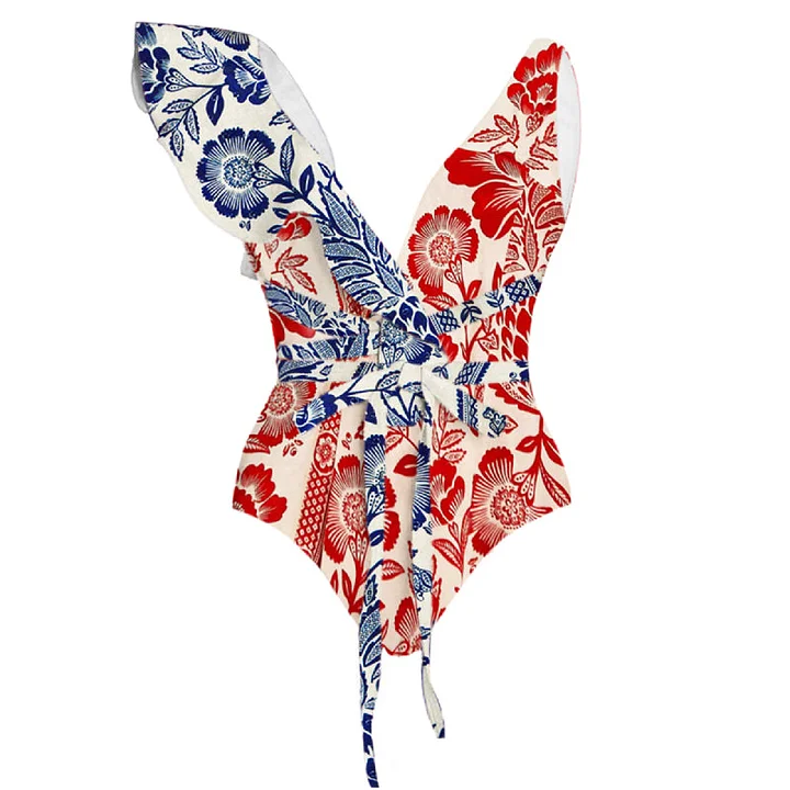Flaxmaker Red Blue Mixed Floral Print Swimsuit and Cover Up