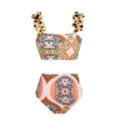 Ruffle Starp Leopard Print High Waist Bikini Swimsuit and Skirt Flaxmaker