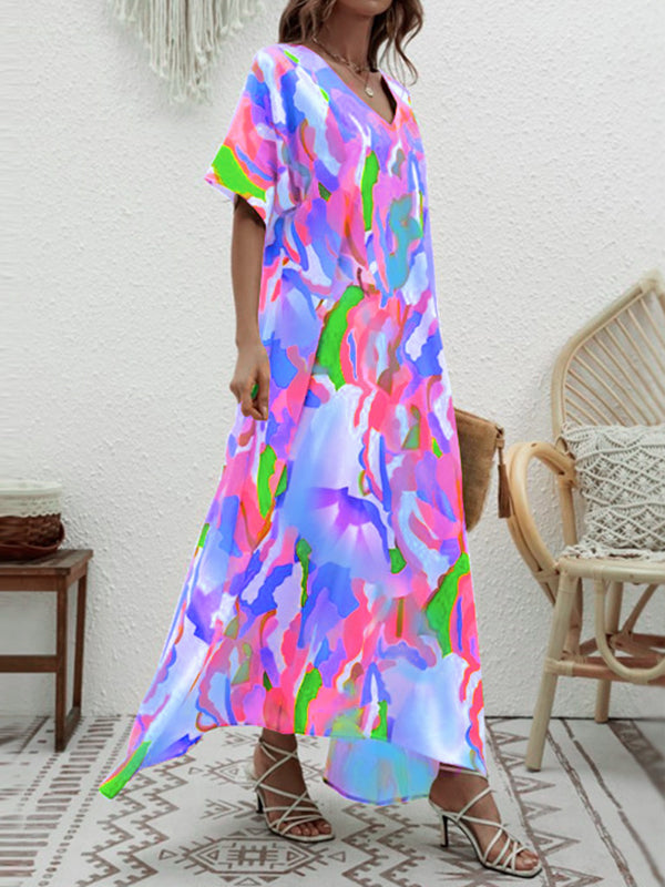 Contrast Color High-Waisted Printed Loose Short Sleeves V-neck Maxi Dresses