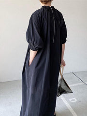 Pleated Split-Joint Zipper Loose Puff Sleeves Stand Collar Shirt Dress Maxi Dresses