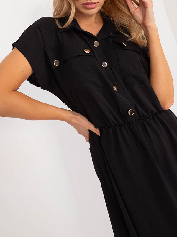 Buttoned Pleated Solid Color A-Line High Waisted Lapel Midi Dresses