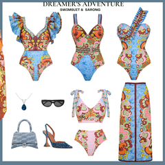 Sling Color Blcok Printed One Piece Swimsuit and Skirt(Shipped on Jan 11th)
