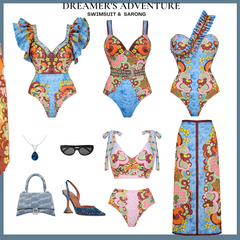 Tie-shoulder Printed High Waist Bikini Swimsuit and Skirt(Shipped on Jan 11th)