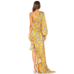 One Shoulder Ruffle Cut out Floral Printed Dress