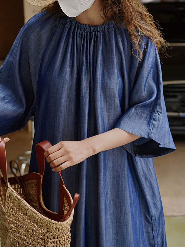 Drawstring Lace-Up Pleated Solid Color Loose Raglan Sleeve Round-Neck Midi Dresses