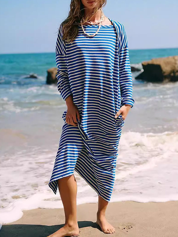 Contrast Color No Belt Split-Joint Striped Long Sleeves Loose Round-Neck Maxi Dresses