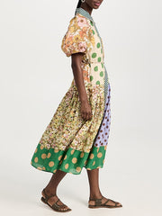 Short Sleeves Flower Print Patchwork Lapel Collar Maxi Dresses