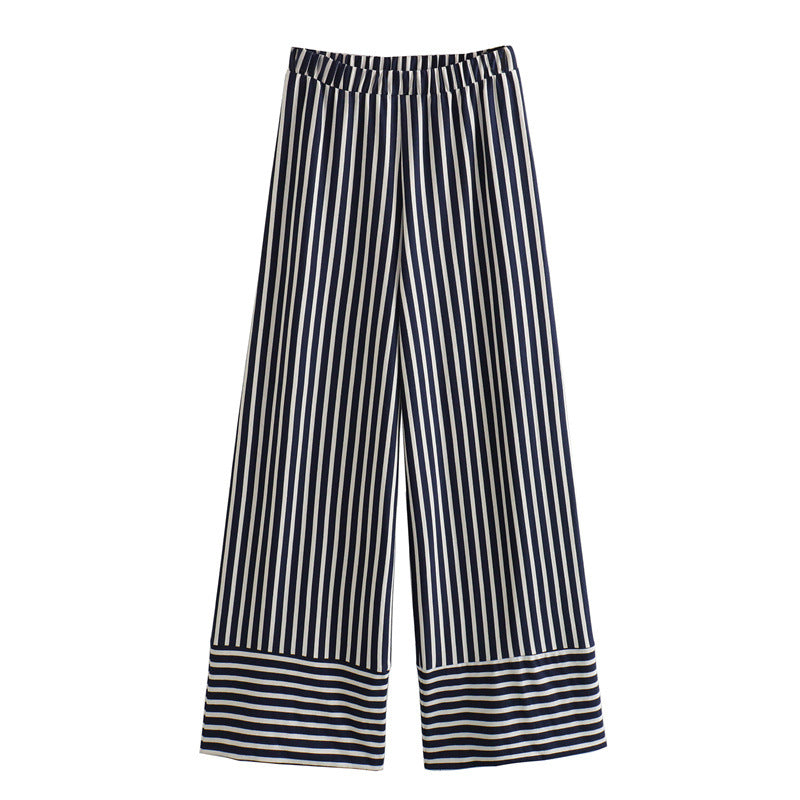 Oblique Shoulder Casual Striped Printed Shirt and Pants Set