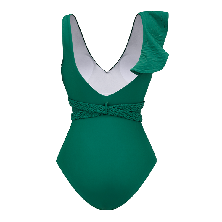 Flaxmaker Sexy Solid Color Ruffle One Piece Swimsuit