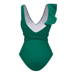 Flaxmaker Sexy Solid Color Ruffle One Piece Swimsuit