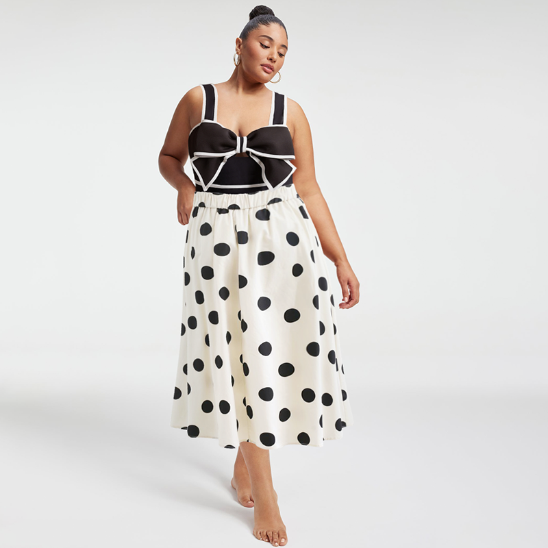 Plus Size Bow Decor One Piece Swimsuit and Skirt Flaxmaker