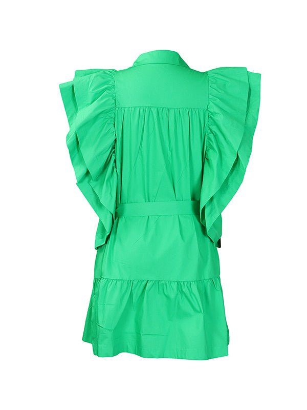 Buttoned Pleated Ruffled Solid Color Tied Waist A-Line High Waisted Lapel Mini Dresses