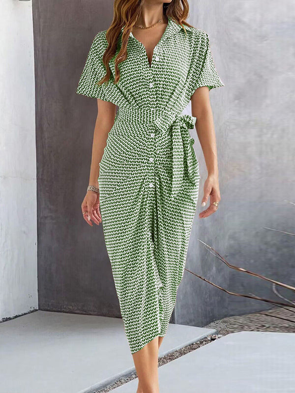 Buttoned Contrast Color Tied Waist Bodycon Half Sleeves Lapel Midi Dresses