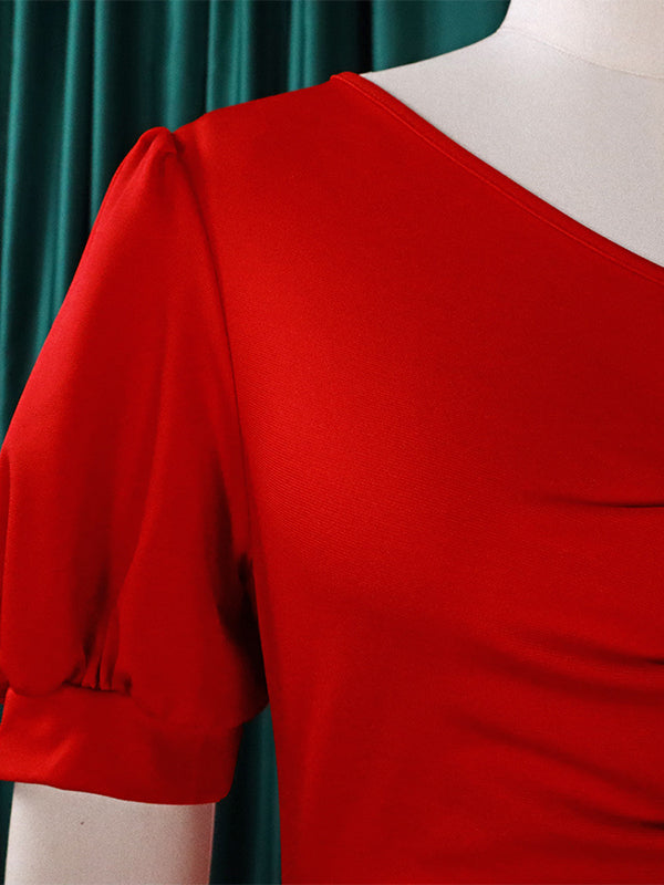 Pleated Solid Color Zipper Bodycon Mermaid V-Neck Midi Dresses