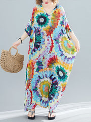 Vintage Loose Tie-Dyed Batwing Sleeves V-Neck Maxi Dress