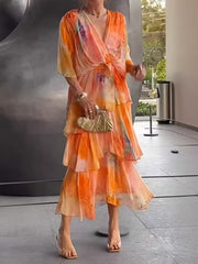 Flower Printed Gradient Ruffled Half Sleeves Maxi Dresses