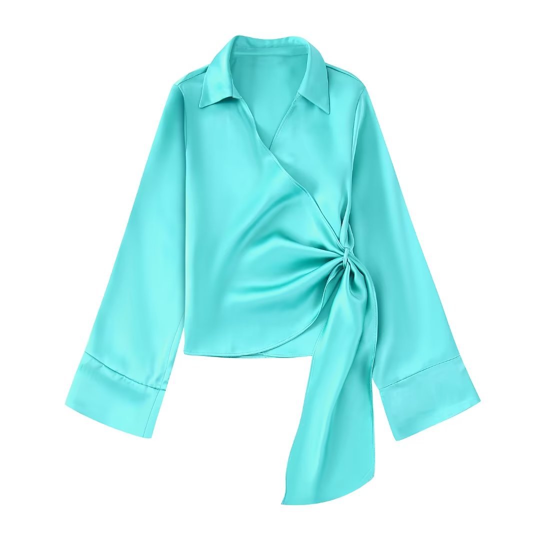 Flaxmaker V Neck Blue Solid Color Bouffant Two Piece Set