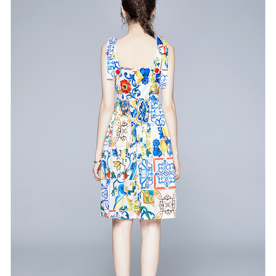 Bandage Bowknot Design Retro Printed Dress Flaxmaker