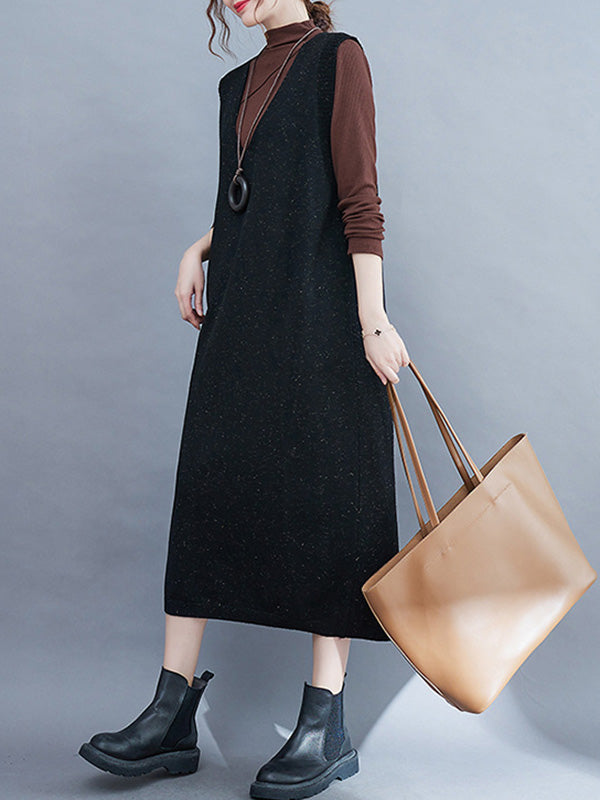 Vintage Solid Color Knitting V-Neck Sleeveless Sweater Dress
