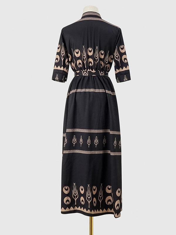 Buttoned Tied Waist A-Line Half Sleeves Lapel Midi Dresses