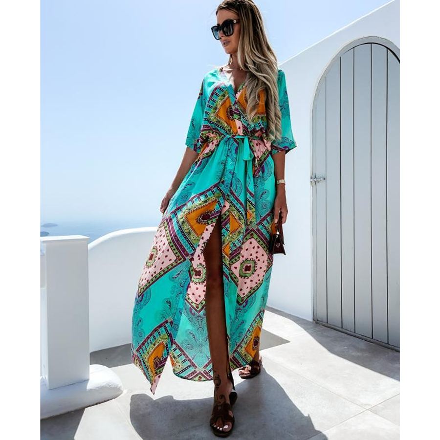 V Neck Ethnic Style Vintage Printed Waist Dress