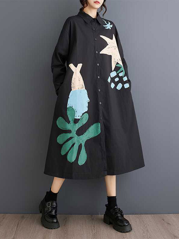 Buttoned Pockets Printed Split-Joint A-Line Long Sleeves Lapel Shirt Dress Midi Dresses
