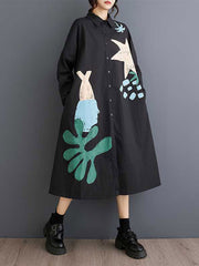 Buttoned Pockets Printed Split-Joint A-Line Long Sleeves Lapel Shirt Dress Midi Dresses