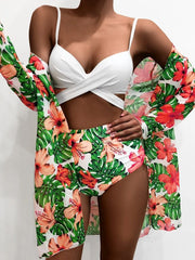 Printed Sexy Bikini Swimsuit and Net Yarn Cover Up