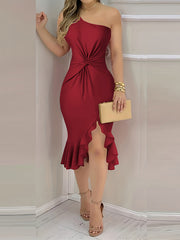 Asymmetric Pleated Solid Color Bodycon High Waisted One-Shoulder Midi Dresses
