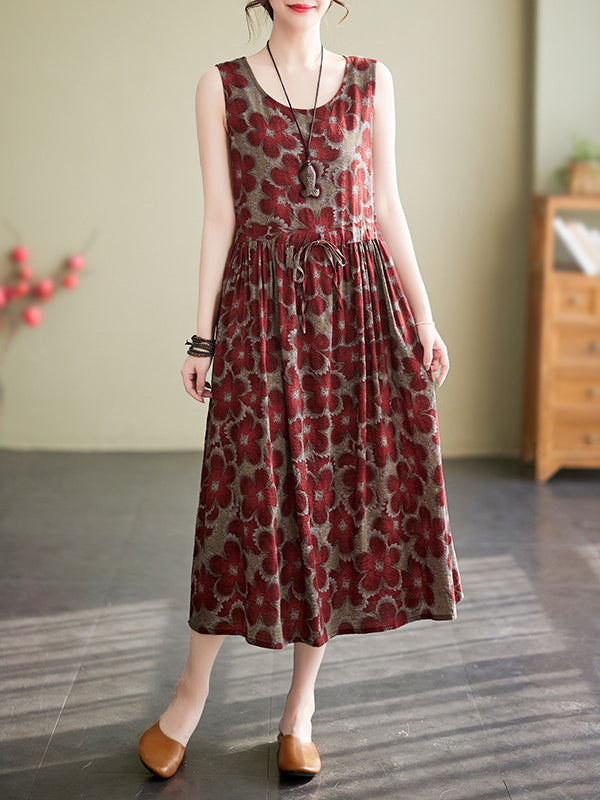 Drawstring Floral Printed Loose Oversize Round-neck Midi Dresses