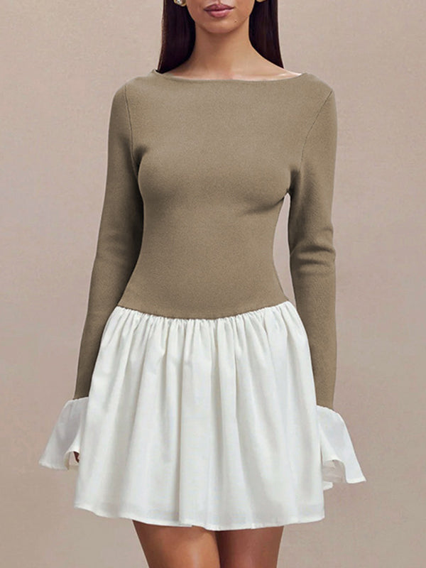 Contrast Color Pleated Split-Joint A-Line Flared Sleeves Round-Neck Mini Dresses