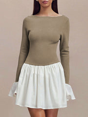 Contrast Color Pleated Split-Joint A-Line Flared Sleeves Round-Neck Mini Dresses