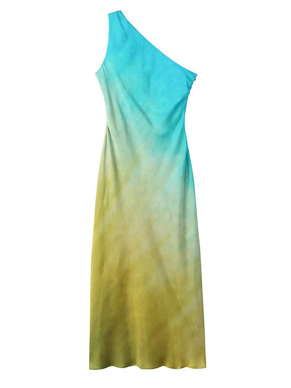 Gradient Color-Block Sleeveless Asymmetric Satin Maxi Dresses